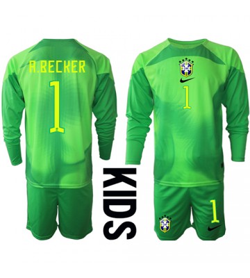 Brasilien Alisson Becker #1 Målmand Udebanesæt Børn VM 2022 Lange ærmer (+ korte bukser)